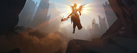 mercy from overwatch with angel-like wings floating towards you and reaching out her hand for you to take