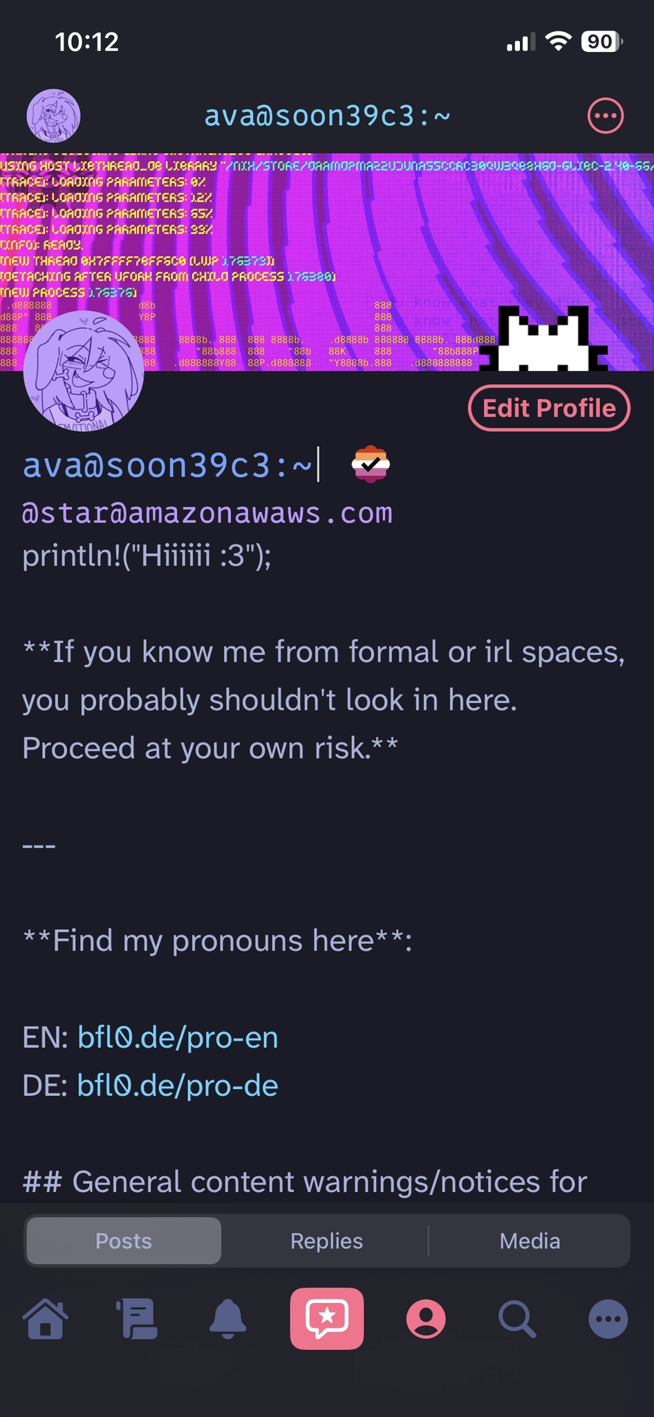 A user profile for “ava@soon39c3” in the Mona app using the same Tokyo Night dark-theme as the previous image. A pink glitch-art banner sits above a bio that includes the code snippet `println!("Hiiiiii :3");` and light blue pronoun links.