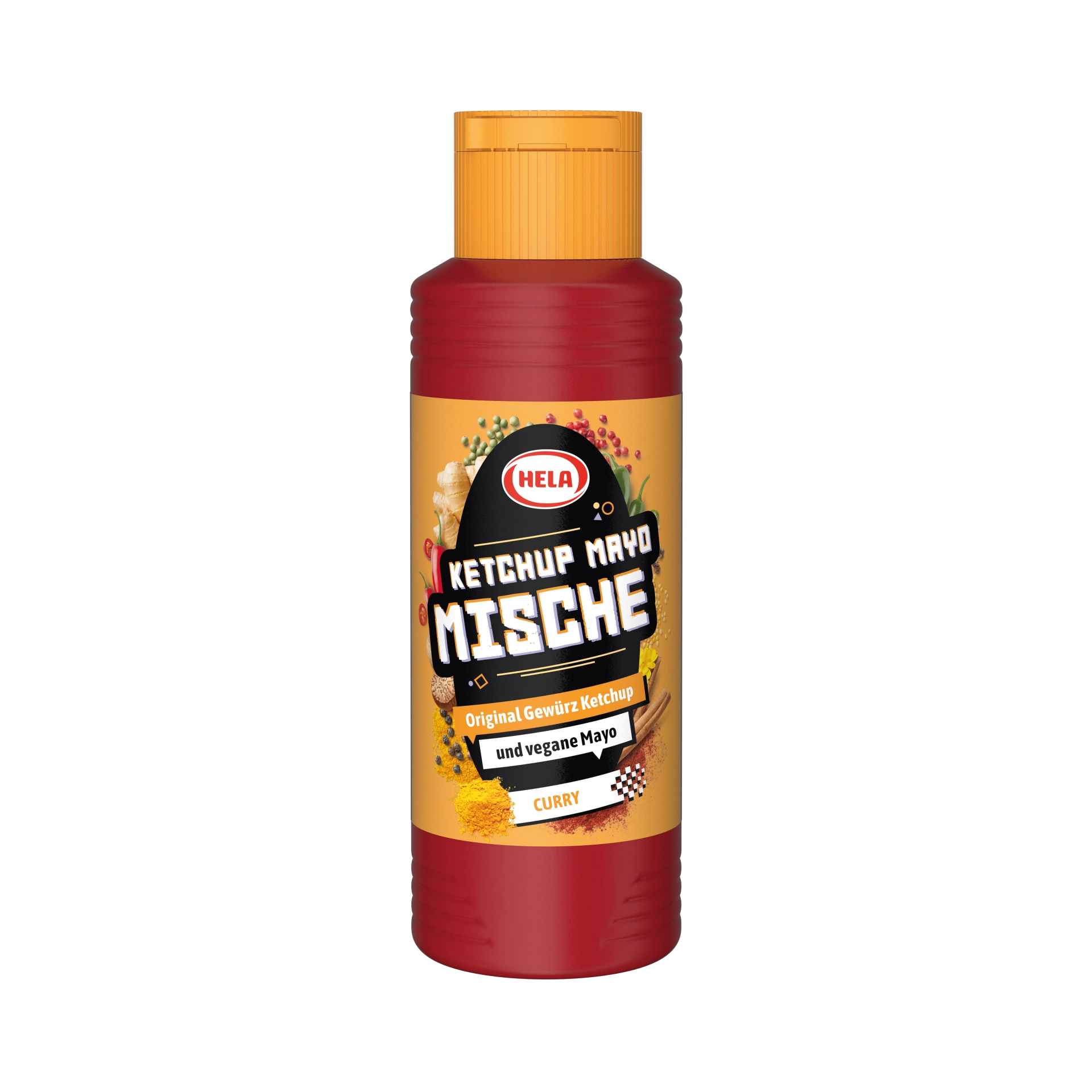 HELA Gewürzketchup und Mayo Mische (Ketchup and Mayo Mix by HELA). Red, cylindrical plastic bottle with yellow cap and yellow label