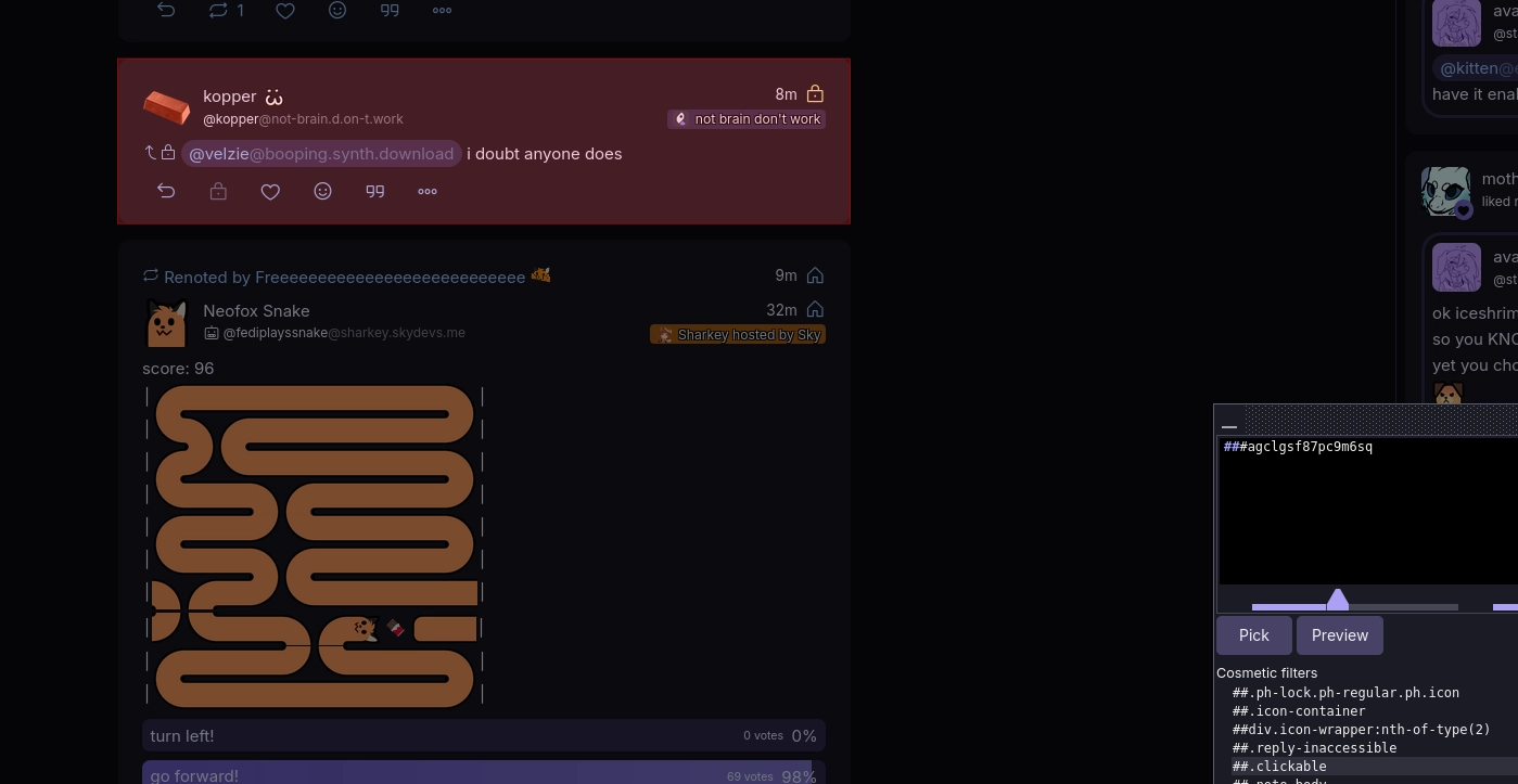 Screenshot of a dark mode social media interface. A post with a red background by user kopper @kopper@not-brain.d.on-t.work reads @velzie@booping.synth.download i doubt anyone does. Below it, a post renoted by Freeeeeeeeeeeeeeeeeeeeeeeee shows a Neofox Snake game bot with a brown snake graphic, the text score: 96, and poll options turn left! and go forward!. A cosmetic filter picker window overlays the bottom right displaying code identifiers like ##.ph-lock.ph-regular.ph.icon and ##.reply-inaccessible above Pick and Preview buttons.