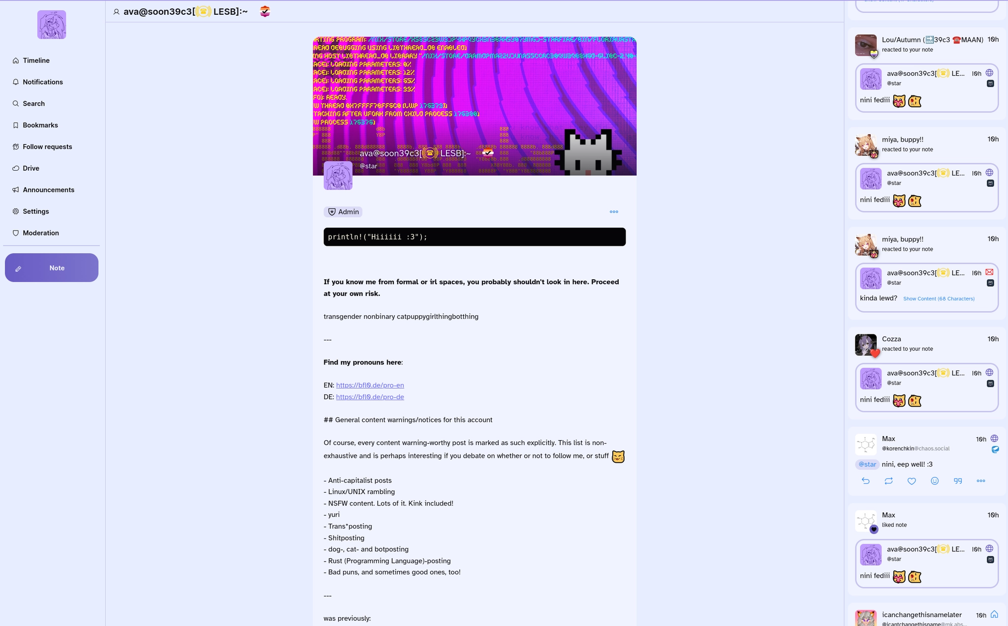 Screenshot of a social media profile for user "ava" on a light purple interface. The header is a pink and purple glitch art image containing code text. The profile bio includes "println!("Hiiiiii :3");", descriptions like "transgender nonbinary catpuppygirlthingbotthing", and a list of content interests such as "Linux/UNIX rambling" and "Rust (Programming Language)-posting". The right sidebar shows notifications, beginning with "Lou/Autumn reacted to your note". The text is larger here, with the font being replaced with Atkinson Hyperlegible. The left sidebar with buttons like "Timeline", "Notifications" etc. is now spaced more lax and uses a bold, display font. The avatar displayed on the top left is larger.