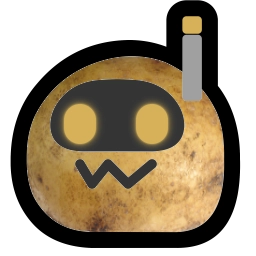 A regular neobot emoji, but the light grey body of the neobot has been replaced with a potato, and the hue of its eyes and antenna tip have been shifted to a warm yellow tone