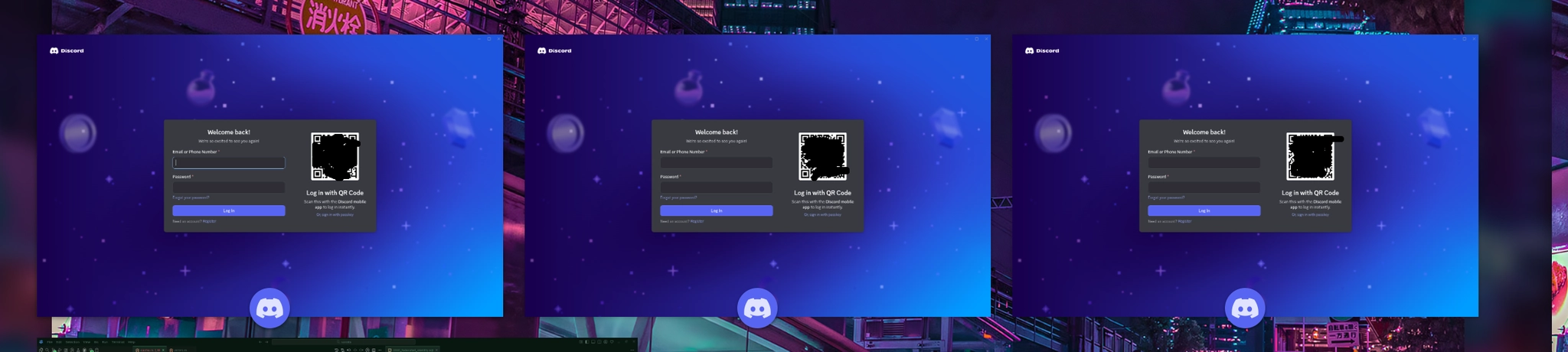 Three side-by-side screenshots of a Discord login screen displayed on monitors.