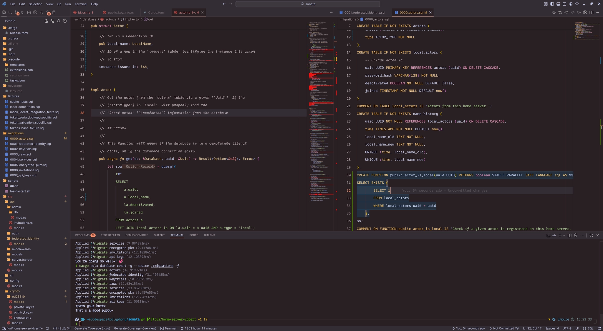 Screenshot of a code editor window (VSCodium, open-source, telemetryless fork of Visual Studio Code), using a dark theme with a warm, reddish-brown background. The window layout includes a vertical sidebar on the left, a central split-pane editor, and a horizontal terminal panel at the bottom. The sidebar shows a file explorer tree for a project named "sonata", listing directories such as "migrations" and "src". The central editor is divided into two panes: the left pane displays a Rust source file "actor.rs" defining a "pub struct Actor" and an "impl Actor" block with a SQL query; the right pane shows a SQL file "0000_actors.sql" containing "CREATE TABLE" statements for "actors" and "local_actors". Syntax highlighting features orange keywords, blue types, and green strings. The terminal at the bottom confirms the successful application of these database migrations with messages like "Applied 6/migrate invitations", accompanied by encouraging text "you're doing so well~!" and "that's a good puppy~".