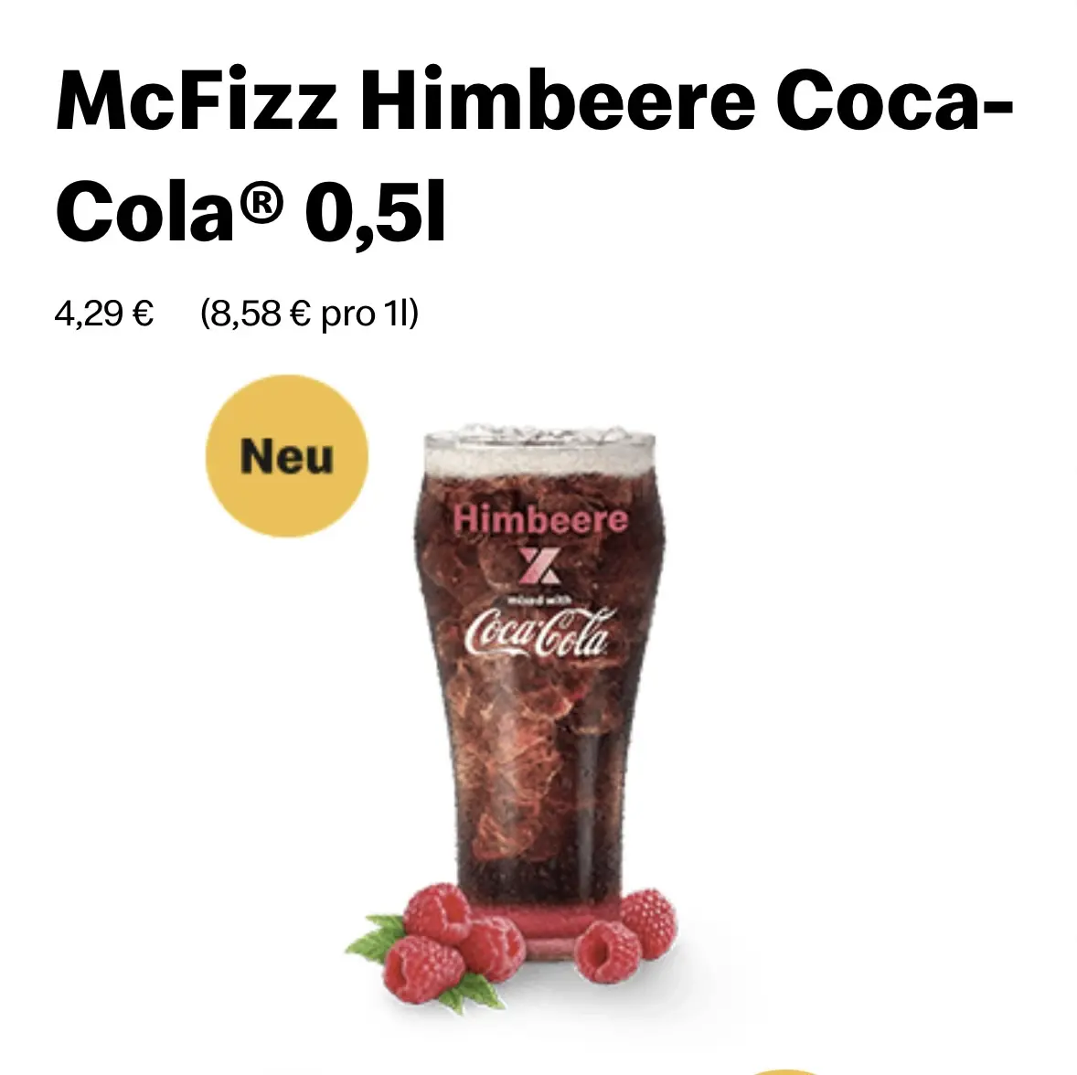 Screenshot from the McDonald's app, "McFizz Himbeere Coca-Cola® 0,5l" (new) for 4,29 €