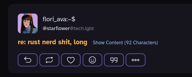 screenshot of a social media post card from flori_ava:~$ on a dark background featuring the orange text "re: rust nerd shit, long" next to a light blue "Show Content" link. At the bottom of the card is a row of six outlined action icons, including a reply arrow and a heart.