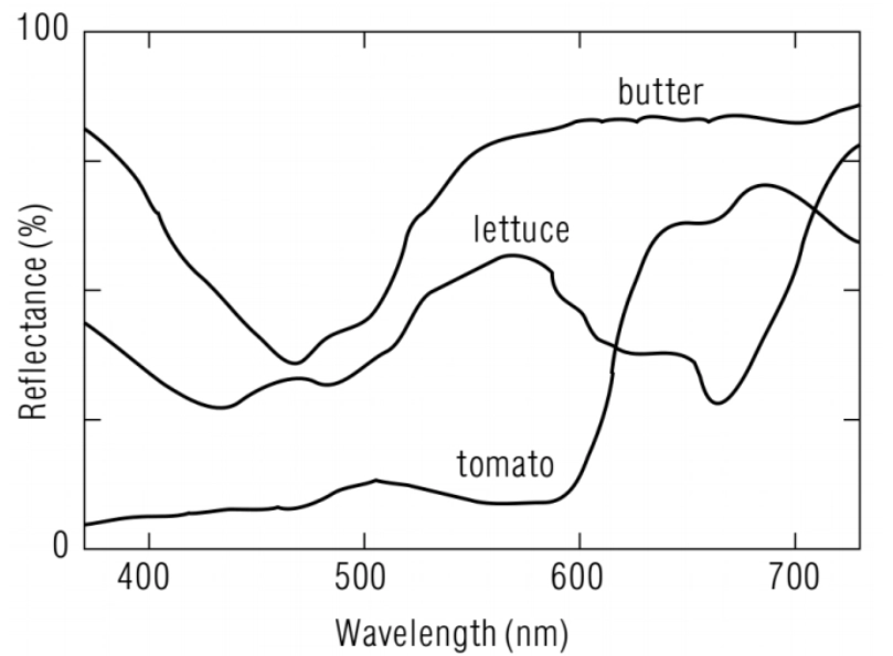 Graph containing 3 plotted lines, labeled tomato, lettuce and butter. The axis are labeled radiance (%) and wavelength (nm)
