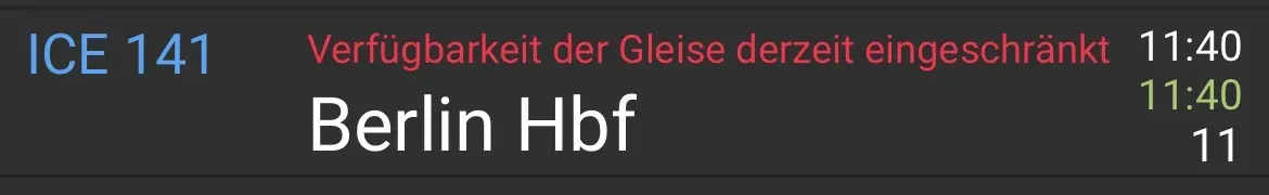 Screenshot von bahn.expert: "ICE 141 Berlin Hbf". Roter Text: "Verfügbarkeit der Gleise derzeit eingeschränkt"
