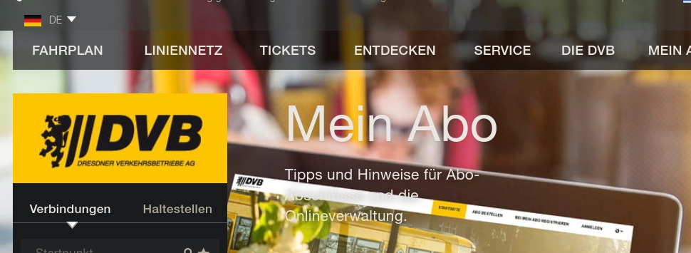 Screenshot of the DVB.de websites' start page. A very light (in color) header image behind white text resulting in very poor contrast, making the text nearly unreadable.