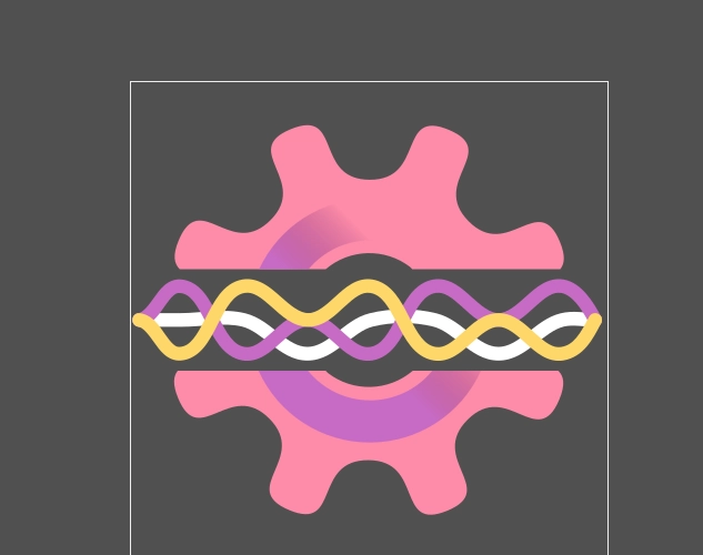 Digital artwork of the polyproto logo. A cog symbol, split in two along the horizontal axis in the middle. there are 3 distinct sinus-like waves going through the cog in the middle. The inner ring of the cog is a contrasting gradient of purple against the pink cog. The lines in the middle are white, purple and yellow in color.