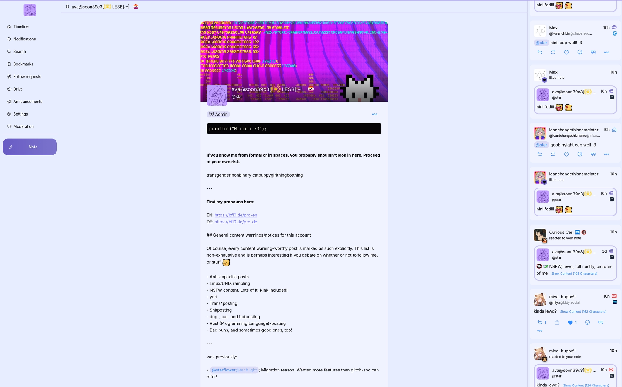 Screenshot of a social media profile for user "ava" on a light purple interface. The header is a pink and purple glitch art image containing code text. The profile bio includes "println!("Hiiiiii :3");", descriptions like "transgender nonbinary catpuppygirlthingbotthing", and a list of content interests such as "Linux/UNIX rambling" and "Rust (Programming Language)-posting". The right sidebar shows notifications, beginning with "Lou/Autumn reacted to your note". The UI has quite small text and lots of spacing in some parts, while other parts are very closely bunched together.