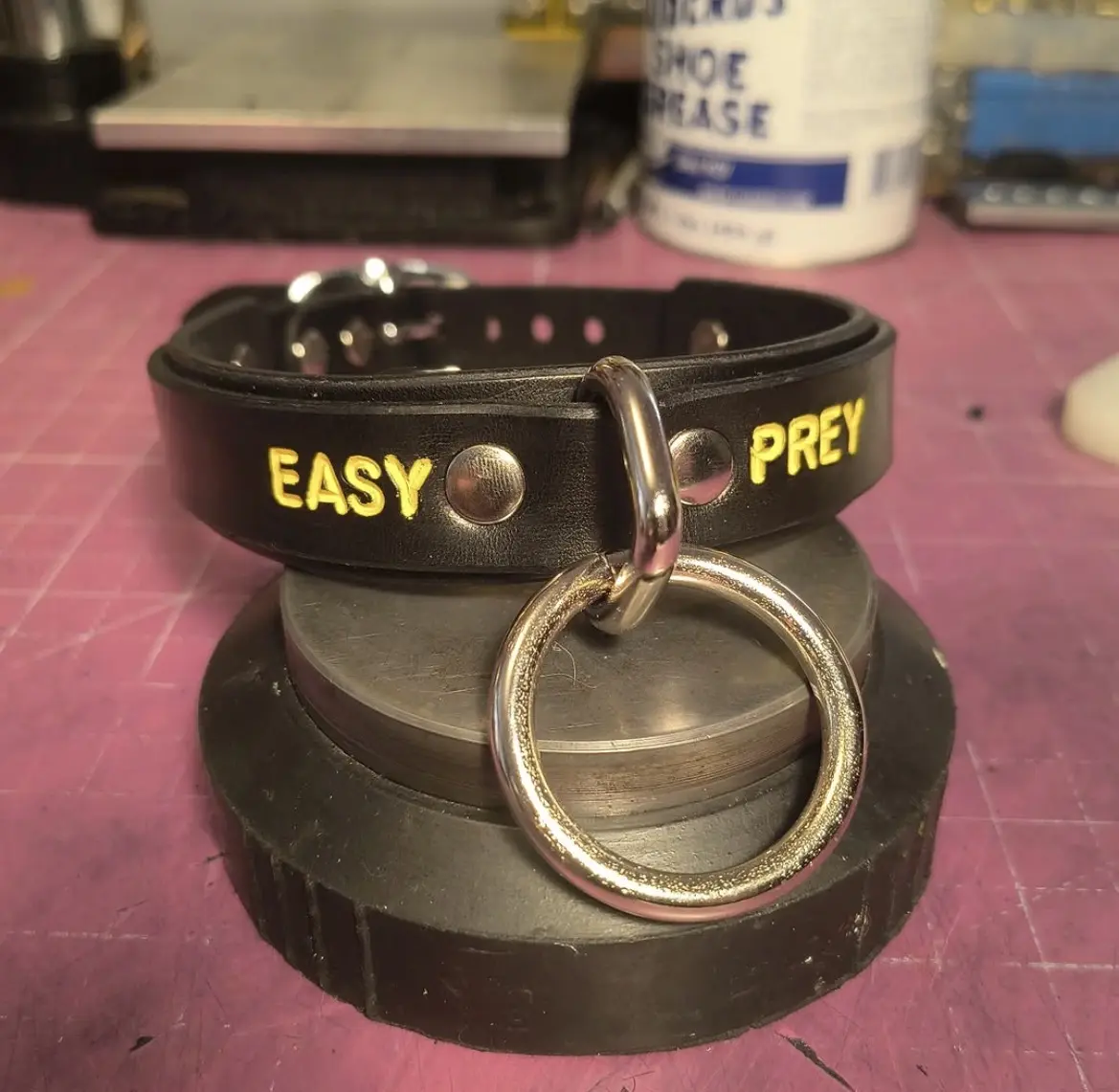 A Black leather collar with a large silver ring to tug on. Yellow letters read "Easy Prey" on the collar.