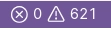 Screenshot of a small section of an IDE. White text and symbols on purple, lavender background. White circle with an x-cross inside. Right next to it, The number zero. White warning triangle with an exclamation mark inside. Right next to its, the number 621. 0 errors, 621 warnings.
