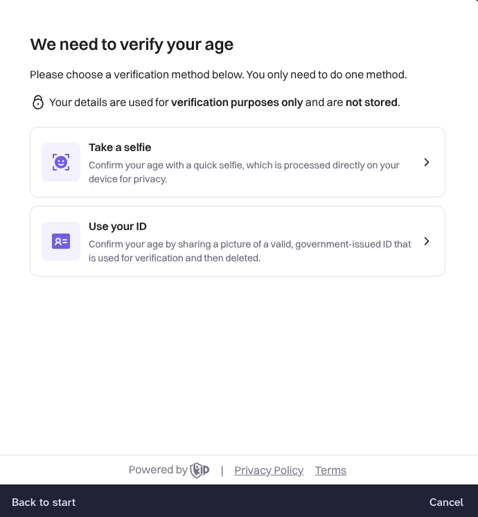 A white digital interface titled We need to verify your age displays two white selection boxes with purple icons for Take a selfie and Use your ID. A small black padlock icon is positioned next to text stating that details are used for verification purposes only and are not stored, while the bottom of the screen includes links for Privacy Policy and Terms.