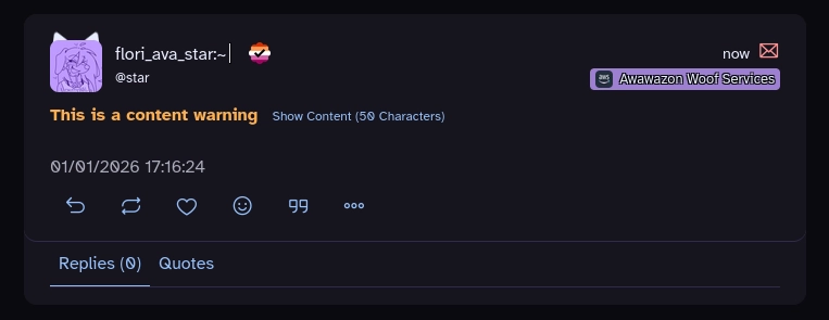 screenshot of a social media post displayed on a dark background. The top left features a purple square avatar with a white line drawing of a character, beside the username flori_ava_star:~| and a lesbian pride flag emoji, with the handle @star underneath. To the right, a purple badge displays the text Awawazon Woof Services. The body of the post shows orange text reading This is a content warning followed by a blue link labeled Show Content (50 Characters). Below the content is the timestamp 01/01/2026 17:16:24 and a row of icons for replying, reposting, liking, and more.
