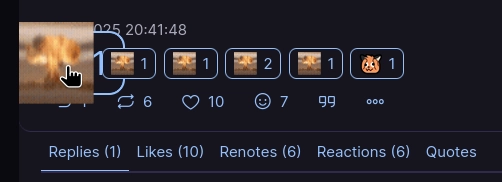 iceshrimp.net ui showing reaction emojis–animated exploding neocats- and foxes–beneath some post. one of the emojis is hovered using the mouse cursor, and is much larger than the other reactions.