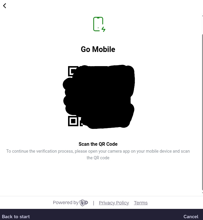 A white digital interface titled Go Mobile features a green icon of a mobile phone with a lightning bolt above a central black and white QR code that is partially obscured by a black scribble. Text underneath reads Scan the QR Code To continue the verification process, please open your camera app on your mobile device and scan the QR code, with navigation buttons at the bottom labeled Back to start and Cancel.