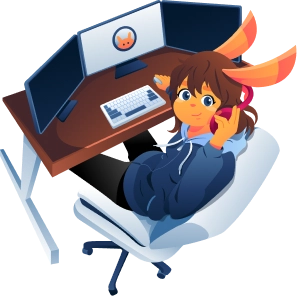 Illustration of an anthro bunny character with brown hair and orange fur sitting in a blue office chair at a brown desk with three monitors. They are wearing pink headphones and a blue sweater jacket and are looking at the viewer