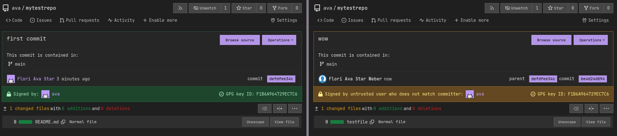 Screenshot of Codeberg showing two side‑by‑side commit views for repository "ava/mytestrepo"; the left commit titled "first commit" on branch "main" is signed by user "ava" with a green GPG signature bar and shows one changed file "README.md" with 0 additions and 0 deletions.​

The right commit titled "WOW" on branch "main" has a orange warning bar reading "Signed by untrusted user who does not match committer: ava" with the same GPG key ID, and below it a file change list showing "testfile"