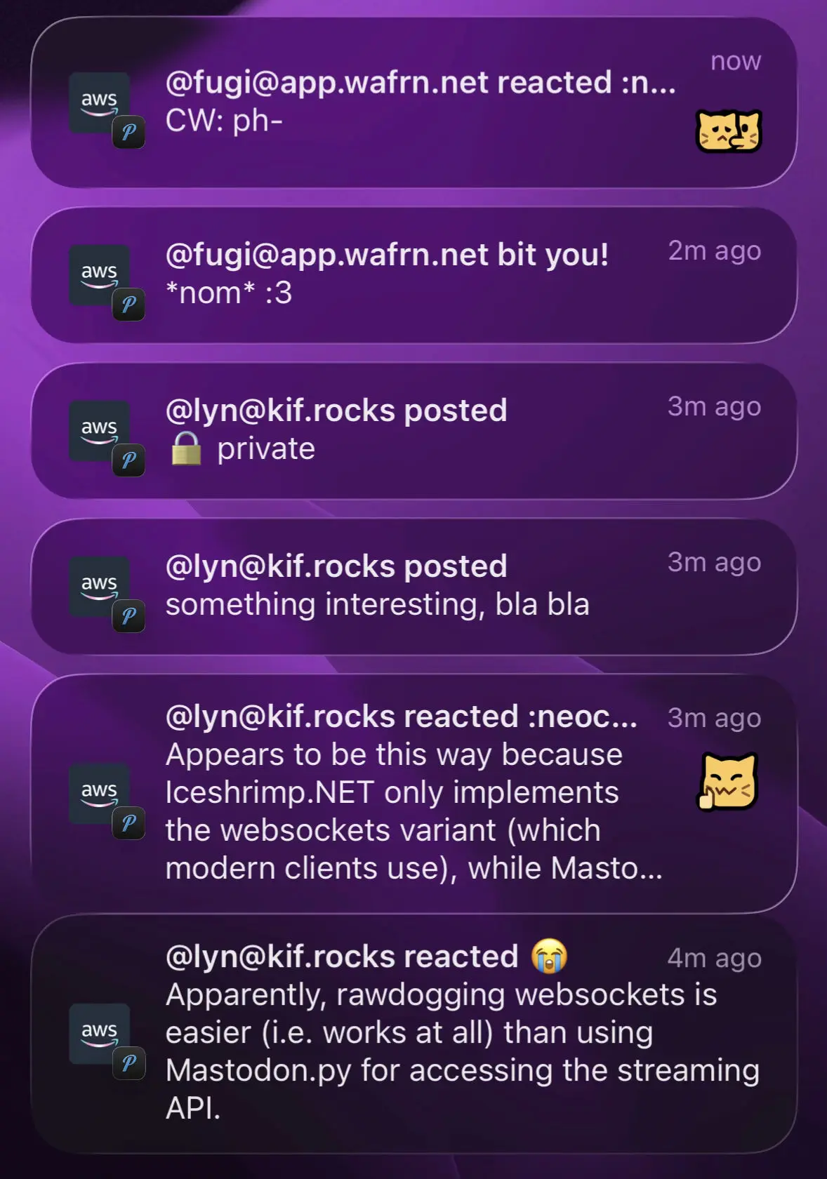 Screenshot of iOS notification center with a few Pushover notifications showing off various notification types:
- title "@fugi@app.wafrn.net reacted :neocat_hug_sad:", message "CW: ph-", with the emoji as an image attachment
- title "@fugi@app.wafrn.net bit you!", message "*nom* :3"
- title "@lyn@kif.rocks posted", message "🔒 private" (a follower-only post)
- title "@lyn@kif.rocks posted", message "something interesting, bla bla" (a public post)
- title "@lyn@kif.rocks reacted :neocat_thumbsup:", message is the text of a non-CW-ed post by me, with the emoji as an image attachment
- title "@lyn@kif.rocks reacted 😭", message is another post by me