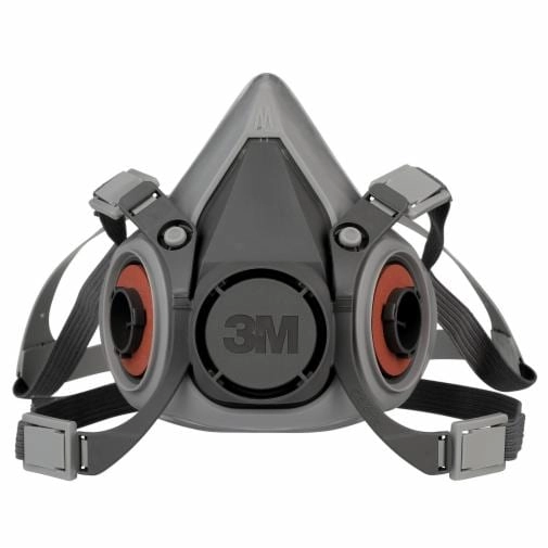 A half-face respirator by 3M. It would cover your nose and mouth, and has locking adapters for one filter on the left and right sides respectively