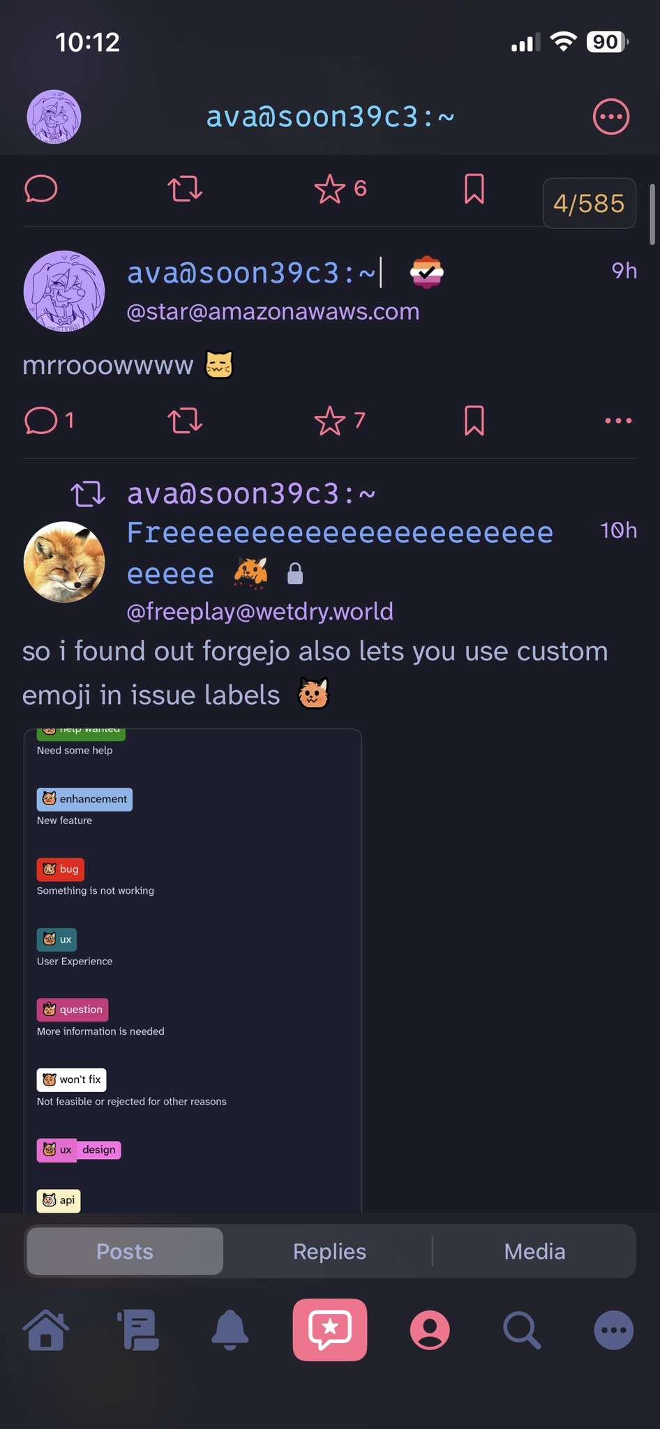 A screenshot of the Mona for Mastodon timeline in a dark theme, featuring a dark blue-grayish background and overall following the Tokyo Night theme with purple, blue and red hues dominating. A post by “ava@soon39c3” reads “mrrooowwww” above a boosted post about custom emoji labels in Forgejo. The username and page title are displayed in the 0xProto Monospace Terminal font, while the posts themselves are rendered in Atkinson Hyperlegible Next.