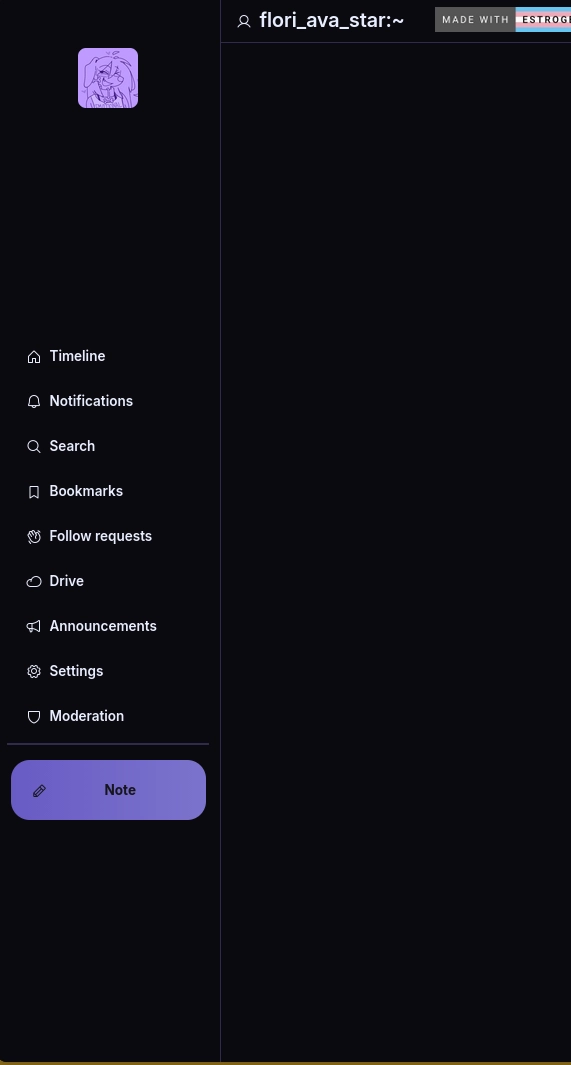 A screenshot of a dark-themed social media sidebar interface featuring a purple profile icon of a stylized animal character. The menu on the left includes white text labels for Timeline, Notifications, Search, Bookmarks, Follow requests, Drive, Announcements, Settings, and Moderation, with a large purple button at the bottom labeled Note. The header displays the username flori_ava_star:~ and a badge that says MADE WITH ESTROGEN