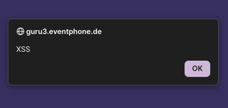 Firefox alert window reading "guru3.eventphone.de" in the heading. Body of the alert message reads "XSS". Button "OK" is clickable