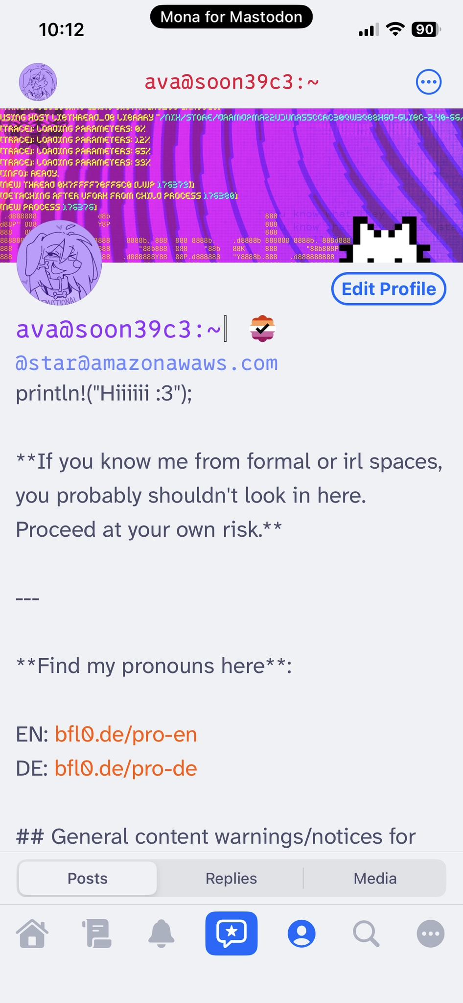 The same profile view as the second image, but rendered using a light theme, distinguished by a blue “Edit Profile” button and orange link highlighting.