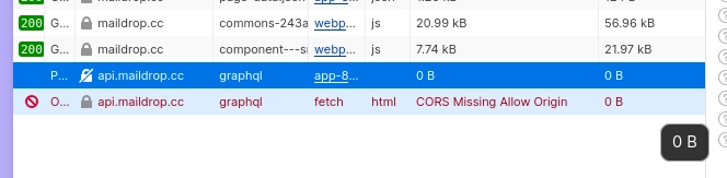web browser developer tools network tab displaying several network requests. A highlighted red row indicates a failed GraphQL request to api.maildrop.cc with the error message "CORS Missing Allow Origin". interface color scheme consists of white, gray, blue, and red to differentiate between successful 200 status codes in green and the error in red.