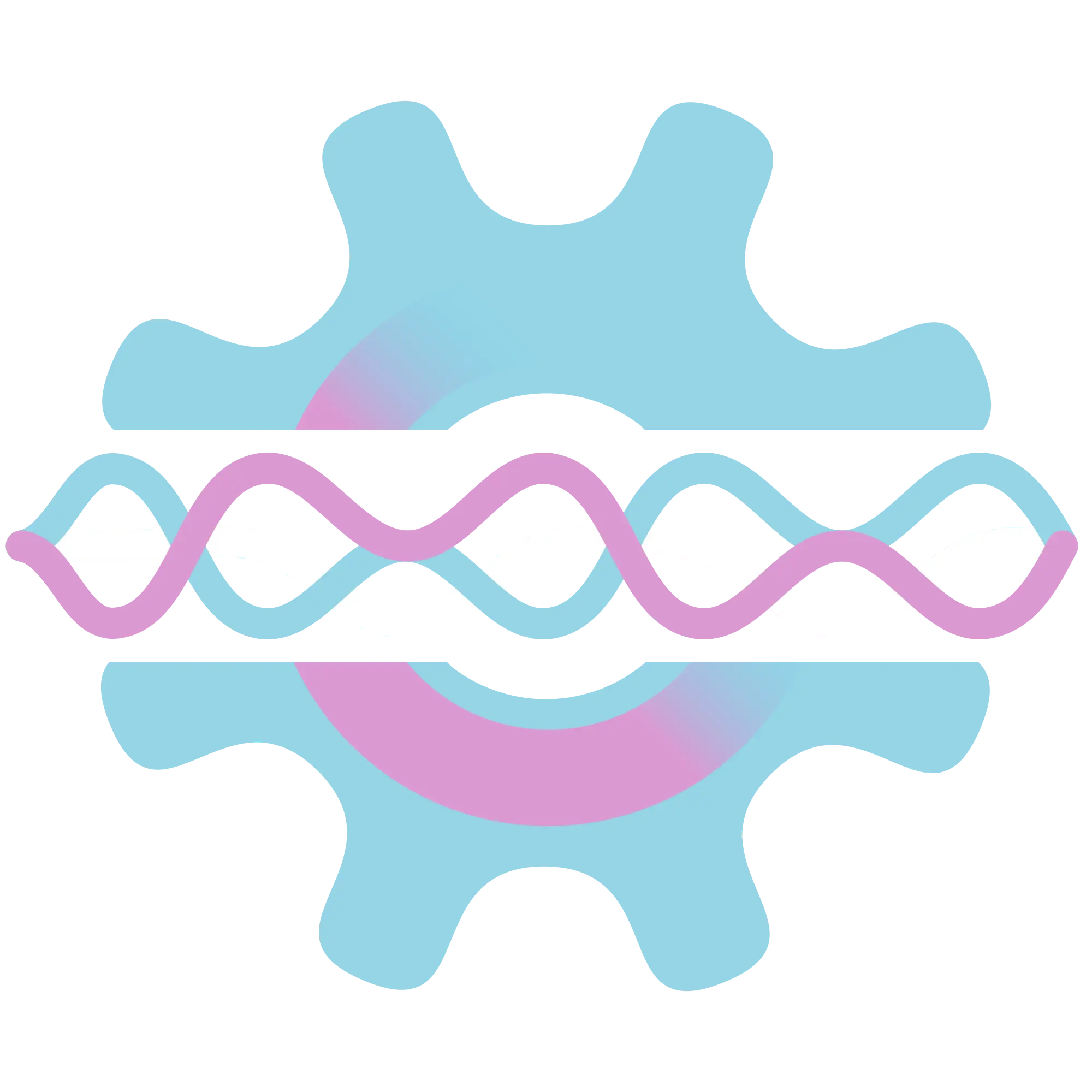 Digital artwork of the polyproto logo. A cog symbol, split in two along the horizontal axis in the middle. there are 3 distinct sinus-like waves going through the cog in the middle. The inner ring of the cog is a contrasting gradient of pink against the light blue cog. The lines in the middle are white, pink and light blue in color.