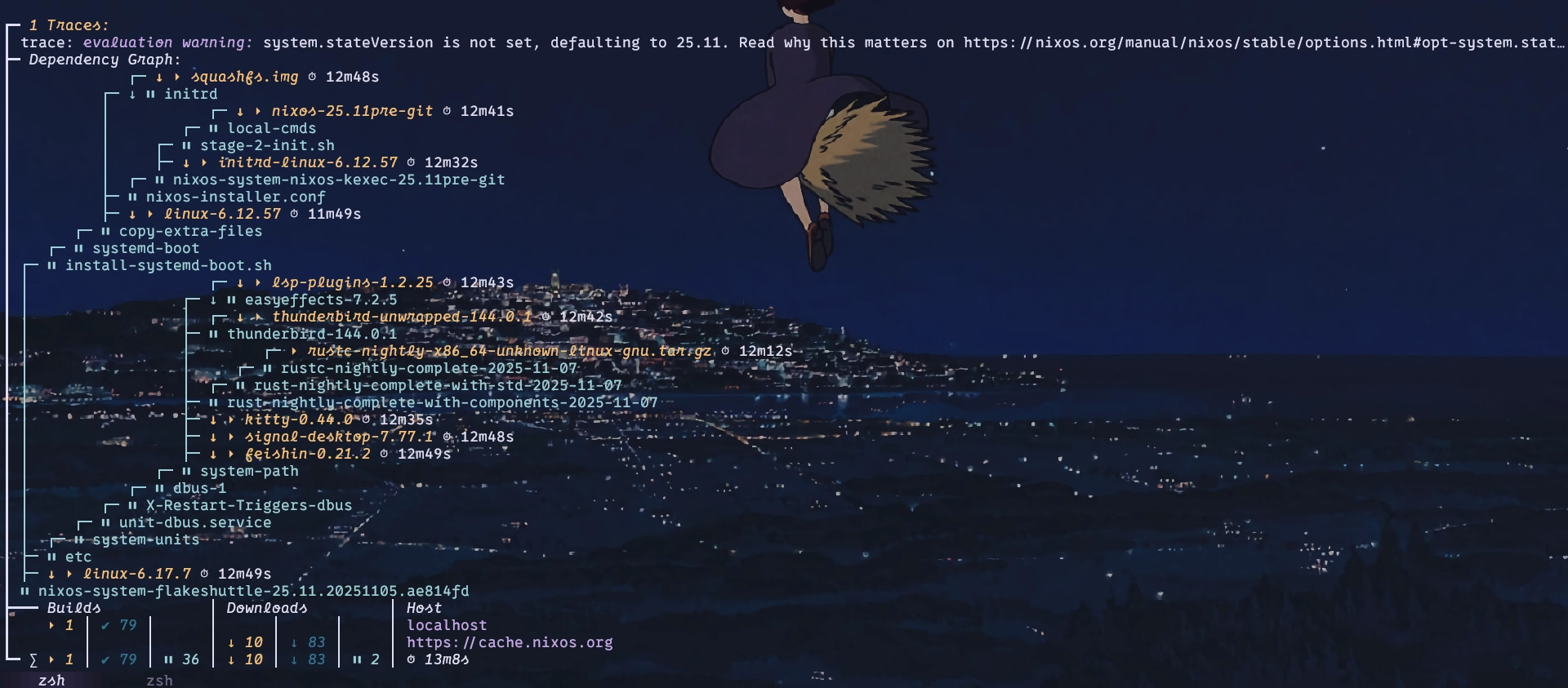 Screenshot of a terminal showing a tree-style view of nix packages being updated.