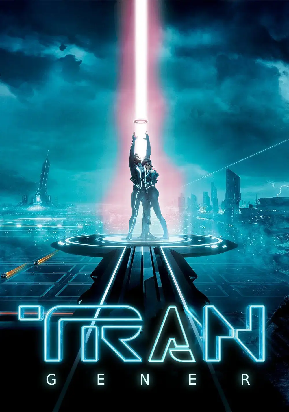 Photo showing an altered version of the TRON: LEGACY movie poster with two figures in black suits standing on a circular glowing platform, reaching upward to hold a ring as a bright pink and white beam shoots vertically into cloudy skies. The scene features a futuristic cityscape in dark blue and cyan tones with turquoise clouds. Glowing cyan neon text at the bottom reads TRAN with GENER spaced below it in white letters.