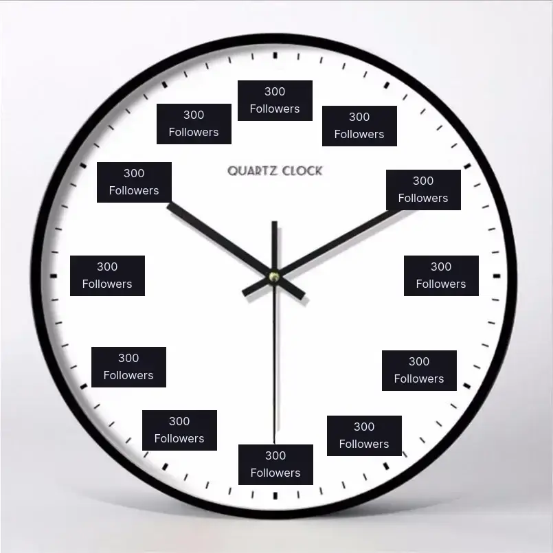 Photo. A round analog clock with a white face, black frame, and black hour, minute, and second hands centered in the image. Instead of numbers, twelve black rectangular labels are positioned around the clock face, each displaying "300 Followers" in white text.