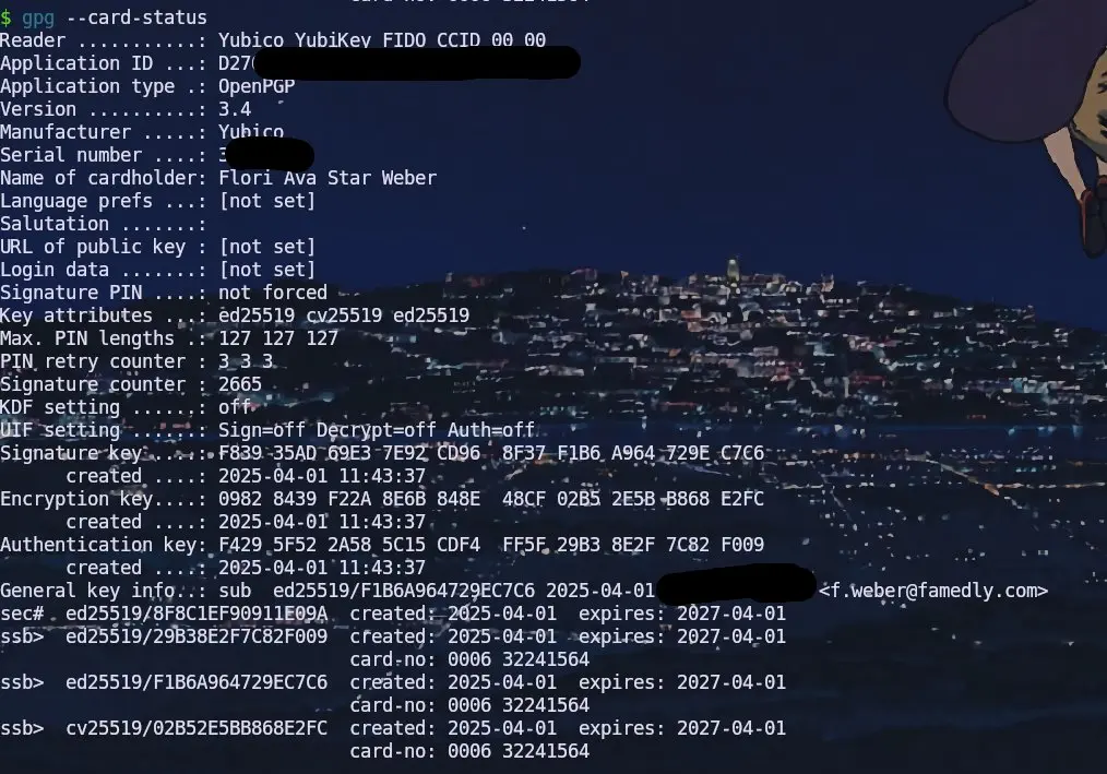 Screenshot. Terminal output displaying gpg --card-status command results on a dark navy blue background with white text. Shows details for a Yubico YubiKey FIDO security key belonging to cardholder Flori Ava Star Weber, with OpenPGP application type version 3.4. Key technical information includes ed25519 cryptographic keys, signature counter 2665, and three SSH keys created 2025-04-01 expiring 2027-04-01. The email f.weber@famedly.com appears in the top right, and a blurred cityscape is faintly visible in the background.