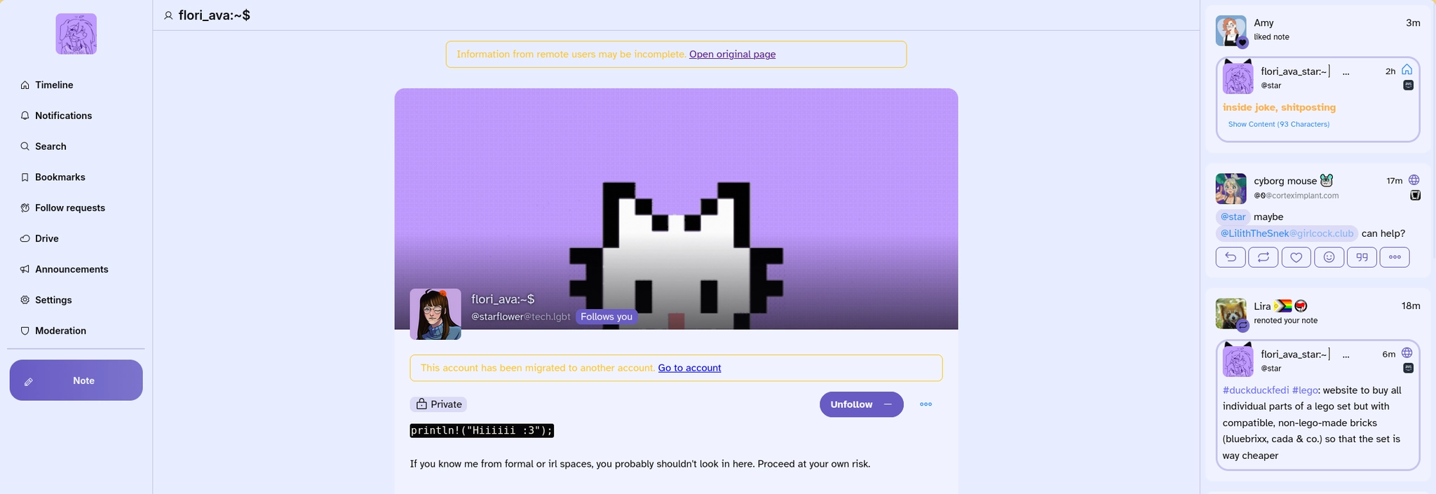 Screenshot of a social media profile page for flori_ava:~$ with a light purple and white interface. The page features a large pixel art cat banner, a sidebar with navigation links like "Timeline" and "Notifications," and a profile bio containing the text println!("Hiiiiii :3");