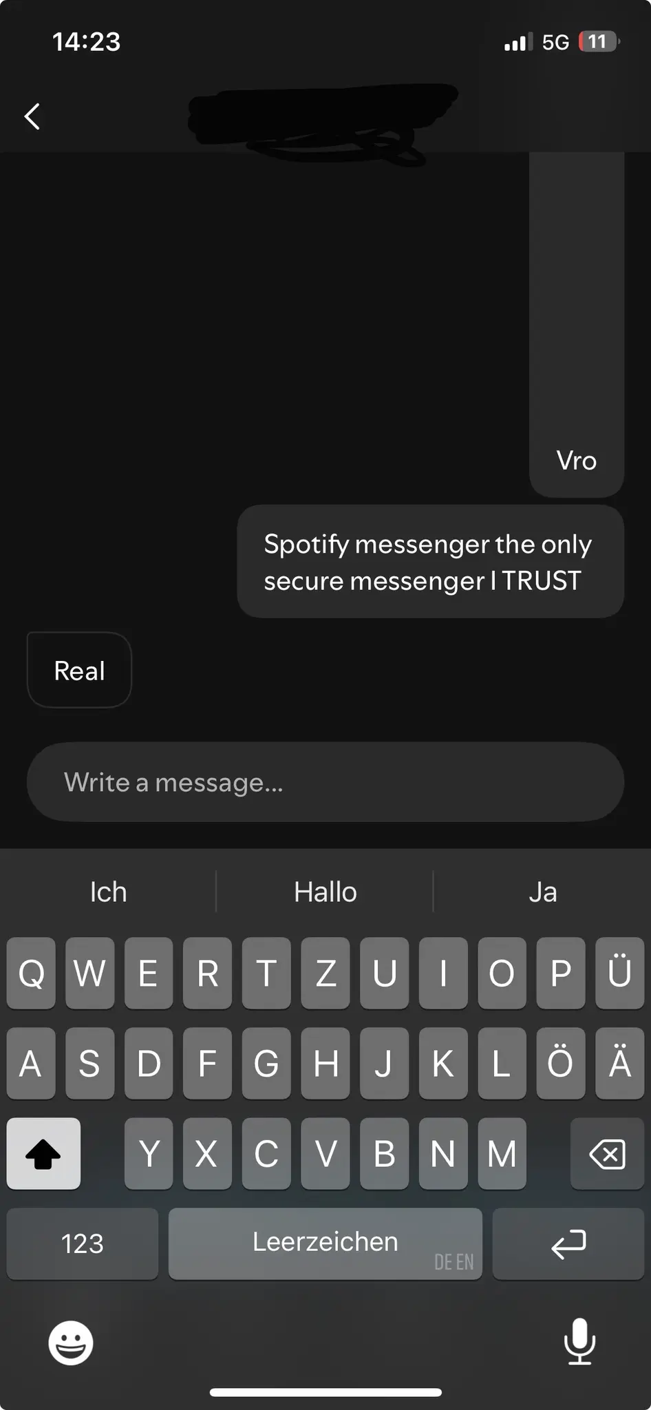 Screenshot of a messaging app. The name of the chat has been redacted. Sender sent two messages: "Vro" and "Spotify messenger the only secure messenger I TRUST". The other party responded with one message: "Real". The iOS keyboard is expanded and visible. The chat app uses a grey on black theme.