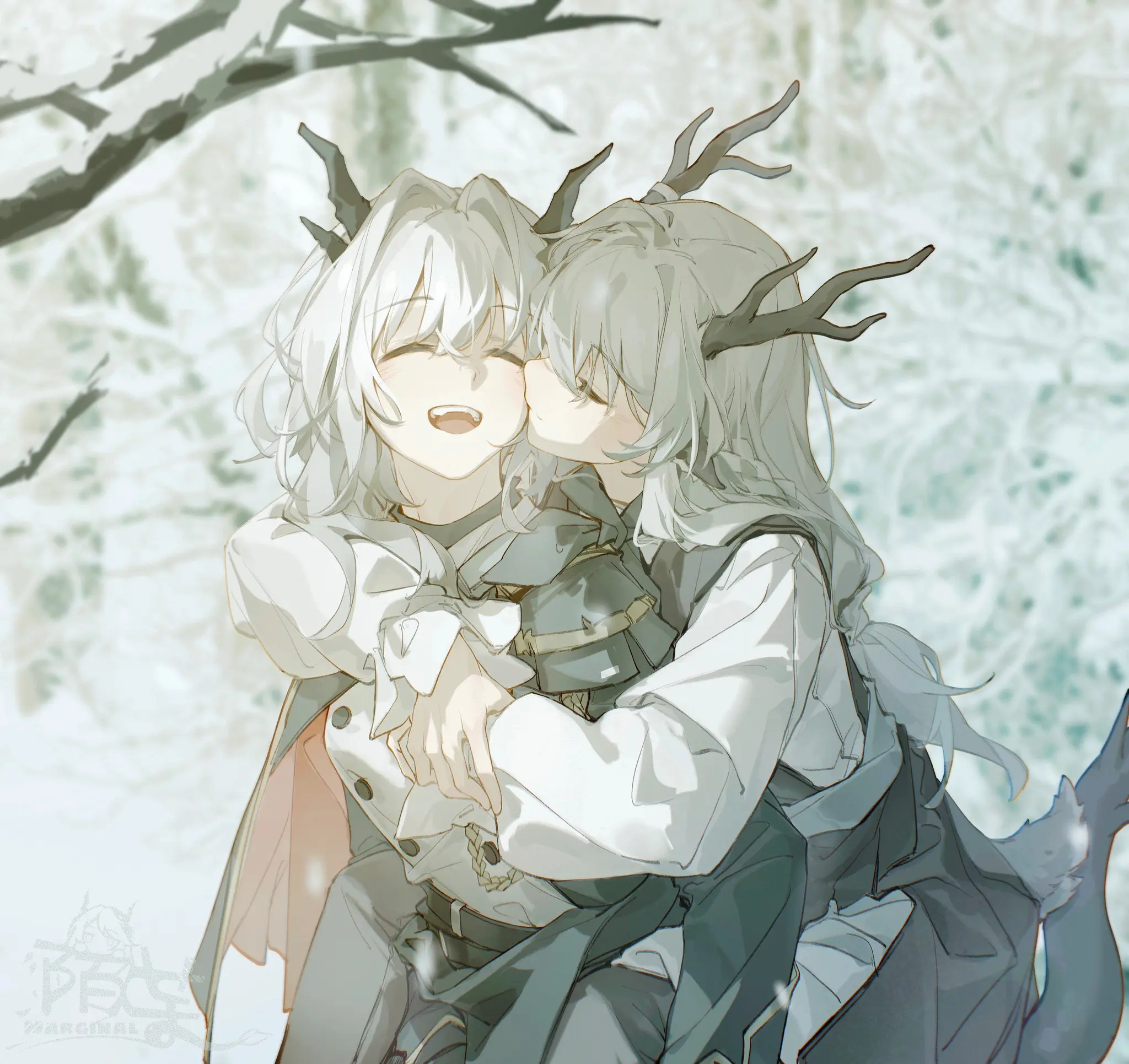 Anime-style drawing of two light-skinned characters with short deer-like antlers kissing/embracing in a snowed in forest. The character on the left has short white hair, black antlers, and wears a white double-breasted coat with what appears to be a black and red cape. Their clothes have lots of frills and is intricately designed; they are smiling broadly with eyes closed while being hugged from behind. The character on the right has long greyish-white hair, dark brown antlers, and is kissing the first character on the cheek. Both figures are dressed in warm, formal-style clothing in shades of white, grey, and teal. Bare tree branches are visible in the blurry white and light blue background.