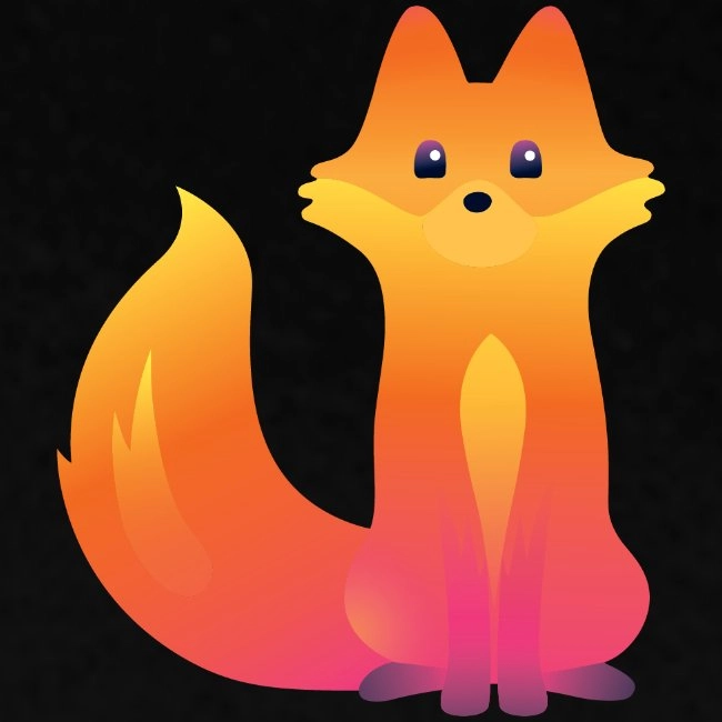 A digital illustration of a cute cartoon fox with orange fur fading to pink and yellow gradients, sitting on a black background. The fox has large blue-purple-black eyes, a small black nose, fluffy ears, a bushy tail curling behind, and paws tucked under its body, facing forward with a neutral expression.