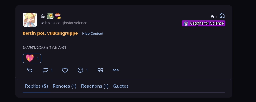 A post by lis @lis@mk.catgirlsfor.science. Content warning: berlin pol, vulkangruppe. The post is empty and contains no further text.