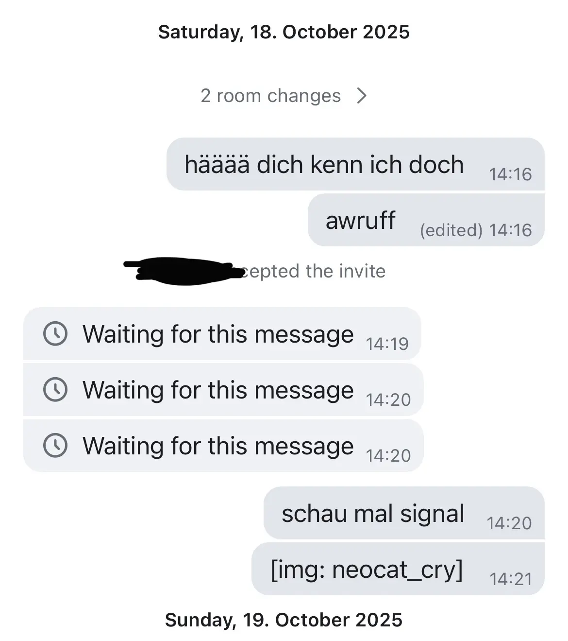 Screenshot of a messaging app. The user taking the screenshot sent two messages on Saturday, October 18th 2025 at 2:16pm:
"hääää dich kenn ich doch" and "awruff". They received three messages from the other person 4 minutes later, all of which are shown as "Waiting for this message". The screenshot taker then sent two more messages: "schau mal signal" and "[img: neocat_cry]"